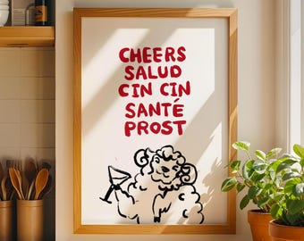 Cheers Multilingual Toast Print – Funny Sheep Wall Art, Bar Cart or Kitchen Decor