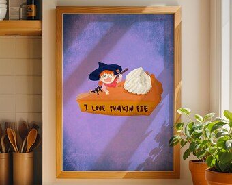 Halloween Pumpkin Pie Witch Art Print – Cozy Autumn Kitchen Decor