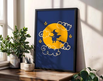 Flying Witch Moon Wall Art Print, Spooky Celestial Halloween Decor