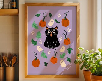 Spooky Black Cat Halloween Art Print – Purple Background