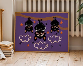 Hand-Drawn Bat Halloween Art Print, Purple Spooky Nursery Decor