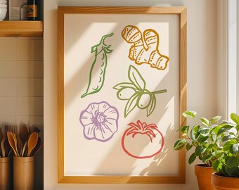 Italian Kitchen Print, Mediterranean Vegetables, Farmhouse Food Illustration, Hand-Drawn Poster