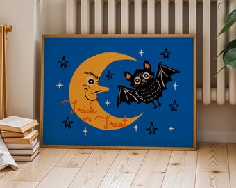 Trick or Treat Vintage Moon & Bat Print – Halloween Wall Art