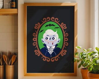 Hand-Drawn Vampire Portrait Halloween Wall Art Print, Gothic Spooky Decor