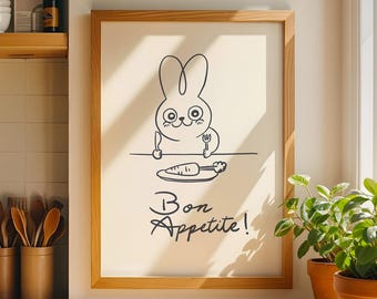 Bon Appetit Bunny Kitchen Art Print, Whimsical Line Art Dining Decor