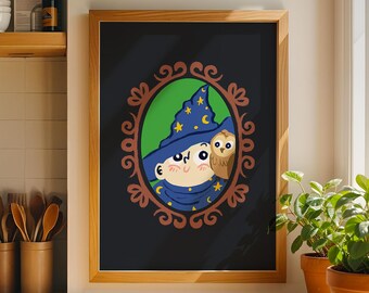 Wizard Owl Halloween Print, Whimsical Magic Portrait Poster, Spooky Celestial Decor