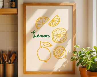 Lemon Kitchen Printable Art, Italian Fruit Wall Decor, Yellow Kitchen Poster, Digital Download