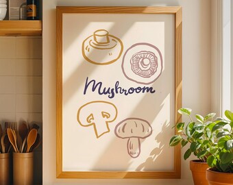 Mushroom Kitchen Printable Wall Art – Modern Food Illustration Digital Download – Farmhouse Kitchen Decor