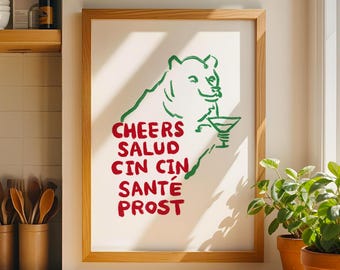 Cheers Bear Cocktail Print: Funny Multilingual Bar Art