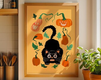 Curly Cat & Smiling Pumpkins – Fall Wall Art Print