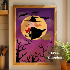 Flying Witch Halloween Art Print – Whimsical Night Wall Decor