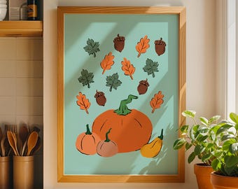Hand-Drawn Pumpkin Acorn Fall Leaves Art Print, Cozy Farmhouse Thanksgiving Decor