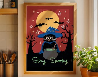 Stay Spooky Wizard Cat – Halloween Wall Art Print