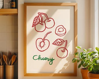 Cherry Kitchen Printable Art, Red Fruit Wall Decor, Farmhouse Kitchen Poster, Digital Download