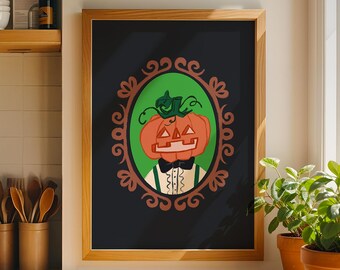 Vintage Jack O Lantern Portrait Print, Dapper Pumpkin Halloween Wall Art