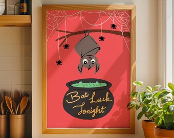 Whimsical Halloween Art Print: Bat, Cauldron, Spiderweb Poster