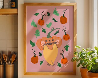 Pumpkin Party Raccoon Art Print – Halloween Wall Decor
