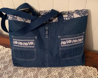 Very Large Denim Tote Bag / Blue Jeans and Paisley Large Tote | Etsy