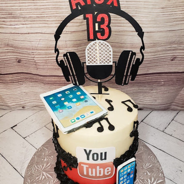 Customized DJ Podcast Gamer Influencer Microphone and Headset Birthday Celebration Cake Topper in various colors and sizes.