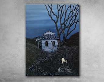 Unspoken - Psychological Art Surreal Painting Dark Landscape Sadness Night Sky Alone Broken Home Symbolic Art with Meaning Vintage Canadian