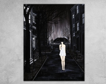 When it Rains - Night Cityscape Painting City Street Walking Rainy Night Black and White Portrait Girl Walking in the Rain Umbrella Art