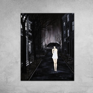 When it Rains - Night Cityscape Painting City Street Walking Rainy Night Black and White Portrait Girl Walking in the Rain Umbrella Art
