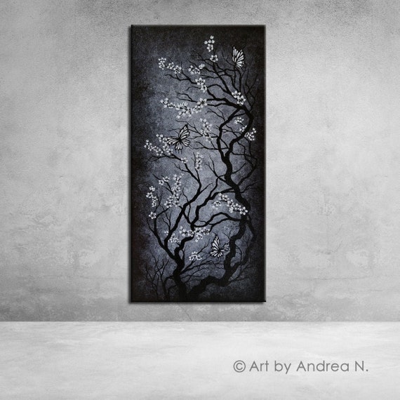 Amnesia - Black and White Art Black and White Painting Serenity Art Tranquil Art Serene Painting White Cherry Blossoms Painting Butterflies