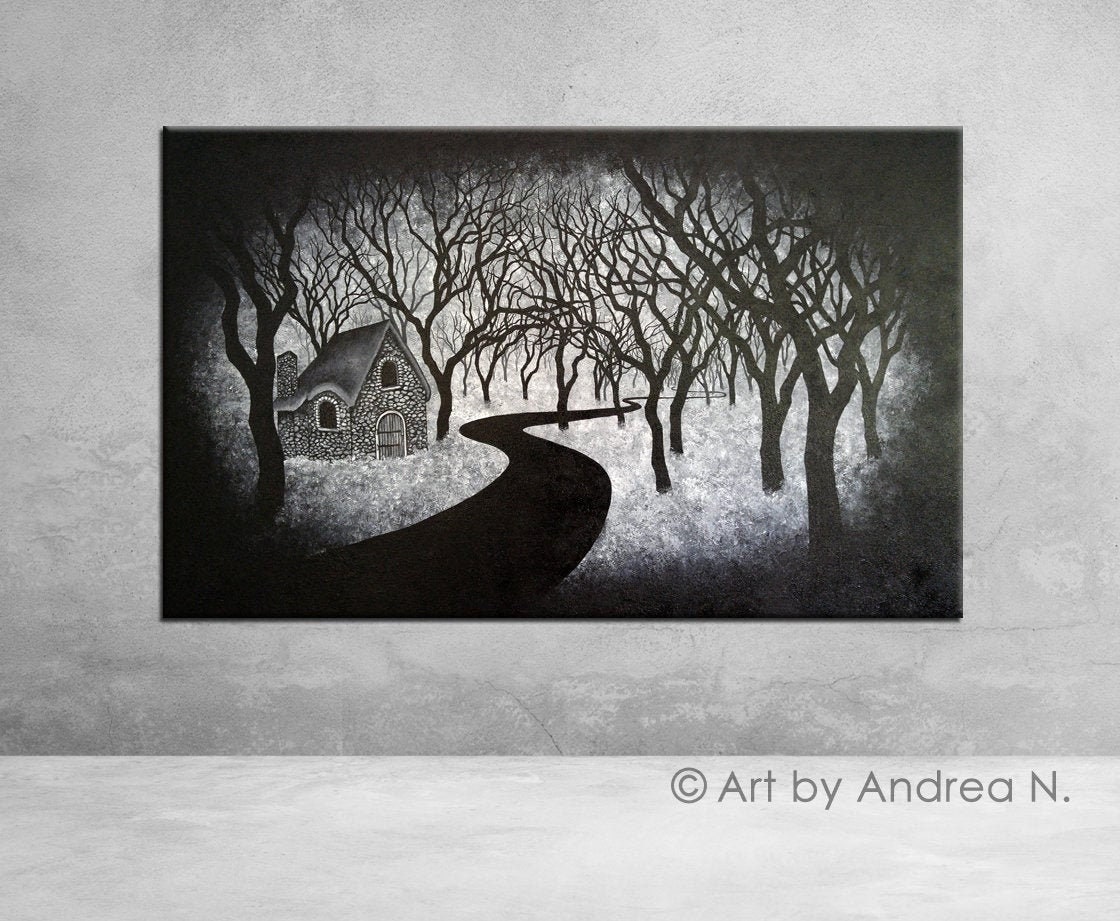 Place of Strange Solace - Surreal Landscape Large Painting Dark Painting  Large Painting Haunted Abandoned House Cabin Black Forest Art