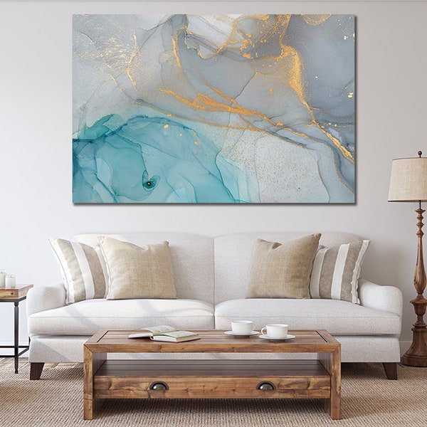 Blue and Gray Wall Art - Abstract Light Blue Gold Grey Liquid Marble