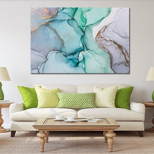 Abstract Ink Blue Green Grey Gold Watercolour Liquid Marble Printed Canvas wall Mural gift new home wall Art decor framed picture artwork