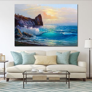May include: A painting depicting a seascape with a rocky cliff and crashing waves. The sky is a soft blue with a hint of pink and orange. The water is a vibrant blue and green.