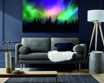 May include: A canvas print of a dark forest with a vibrant green, blue, and pink aurora borealis in the night sky.