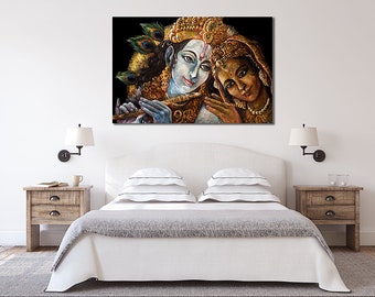 Hindu Wall Canvas Print, Divine Couple Radha Krishna Printed, wall Mural Ideal gift new home, Indian wall art decor, picture poster interior