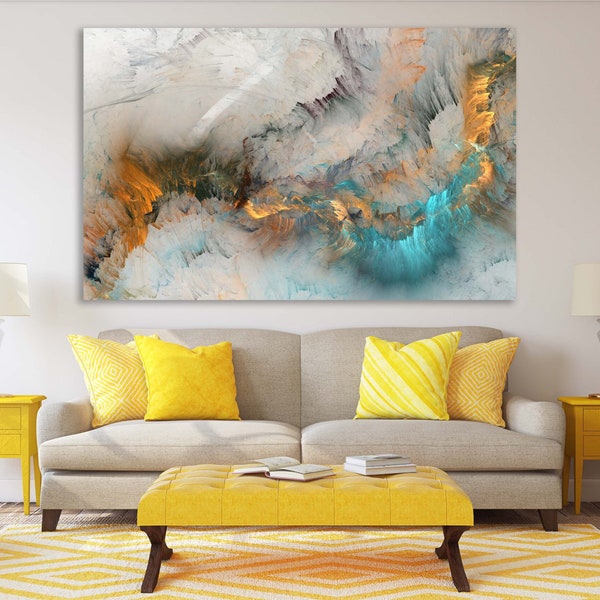 Office Wall Art - Vibrant Abstract Canvas Print with Grey, Turquoise, and Coral Design