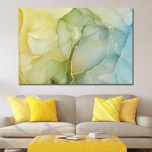 Abstracte inkt Geel Blauwgroen Goud Vloeibaar Groen Marmer Gedrukt canvas muurschilderij cadeau nieuw huis kunst aan de muur decor ingelijste foto kunstwerk