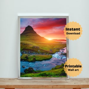 Green Hill Waterfall Stream River | Abstract Printed Canvas | Interior Room Decor | housewarming Canvas Print | Instant Download