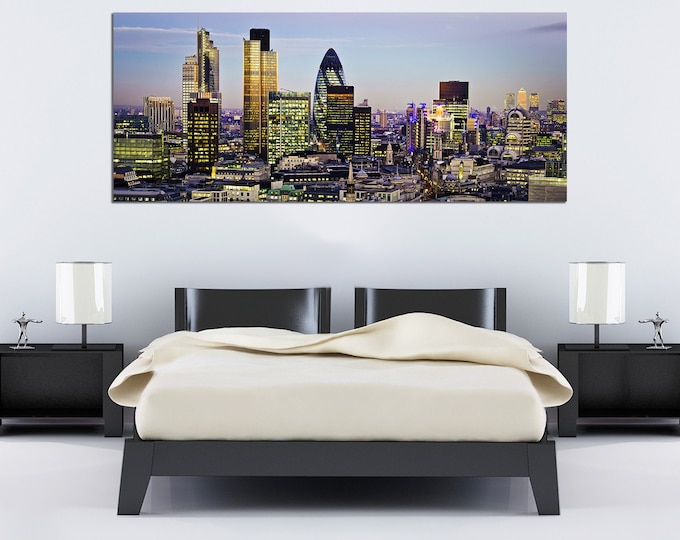 Landscape London Printed Canvas | Canary Wharf UK Panoramic View | UK Landscape Landmark Wall Art | new home decor art | housewarming Print