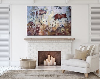 Ancient Painting, horses, hands, buffalos | Wall Art gift new home Picture artwork | Interior Room Decor | housewarming Canvas Print