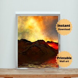 Volcano Mountain water | Interior Room Decor | housewarming Canvas Print | Instant Download