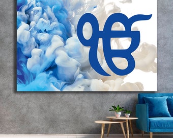 Blue Clouds Paint Splash with Ek OnKar Abstract Printed Sikhism Canvas Wall Art gift Picture poster artwork Punjab Sikh Interior Room Decor