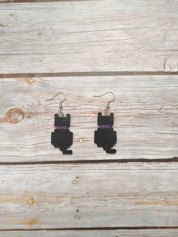 Adorable black cat Perler Bead Earrings