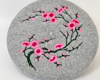 Beret, Gray beret, Wool beret, French beret, Embroidered beret, Sakura Cherry blossom beret, Beret for women, Floral beret, Grey beret, Hat