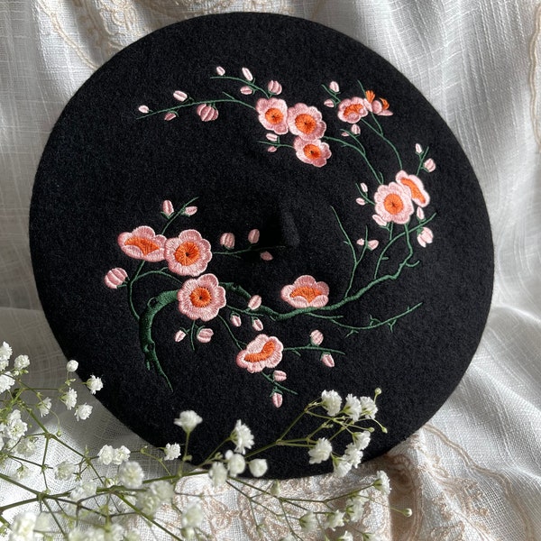 Beret, beret for woman, woolen beret, sakura, embroider beret, Japanese Cherry Blossom, french beret, tam, hat, hat for woman, flower beret