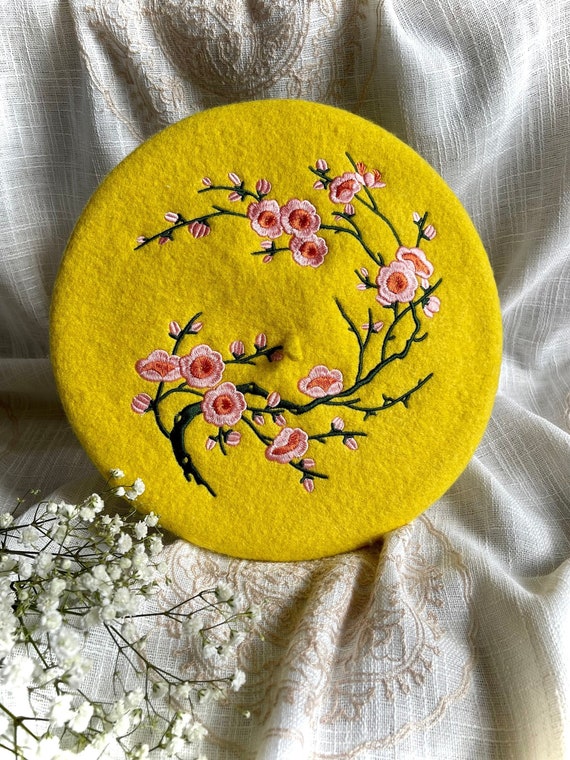 Wool Beret With Embroidered Cherry Blossoms - Etsy display picture 1