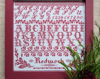 Redwork Sampler cross-stitch printed chart: An adapted antique reproduction