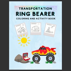 RING BEARER TRANSPORTATION coloring and activity book! Help ring bearer find all of the missing wedding rings on each page while coloring!
