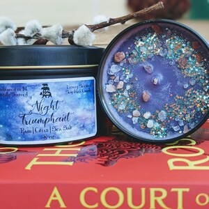 May include: A black tin candle with a purple soy wax candle inside. The candle is decorated with sea salt and glitter. The label on the candle says "Night Triumphant Rain | Citrus | Sea Salt 8 oz".