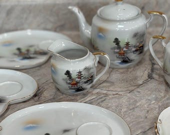 Juego de aperitivos de porcelana Hayasi vintage - Servicio de 9 piezas para 6 personas / Juego de té y almuerzo de porcelana japonesa pintada a mano con el Monte Fuji
