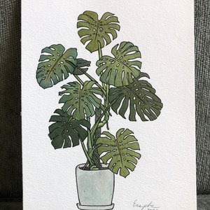 Monstera Deliciosa - Oryginalna akwarela i błyszczący metaliczny obraz akrylowy