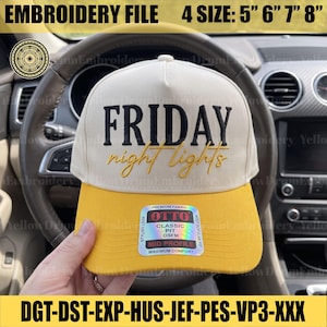 May include: A cream-colored baseball cap with a yellow brim featuring the embroidered black text FRIDAY and the yellow cursive text night lights. A holographic sticker on the brim reads OTTO CLASSIC PIT OSFM MID PROFILE MAXIMUM COMFORT.
